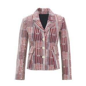 CAbi #6028 Patchwork Blazer Red White Blue Nautical Peplum Striped NWOT / Size S